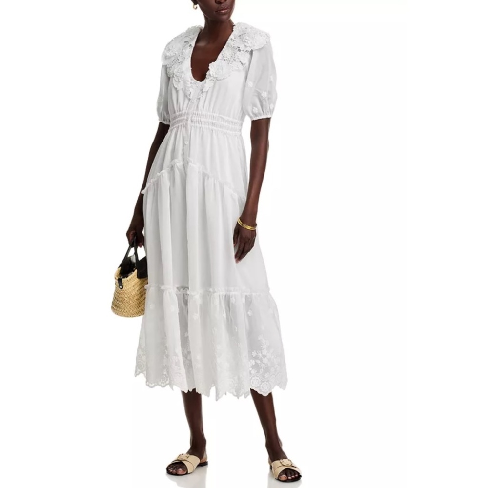 AQUA Embroidered Ruffle Short Sleeve Maxi Dress – NWT, White, X-Small MSRP $148
